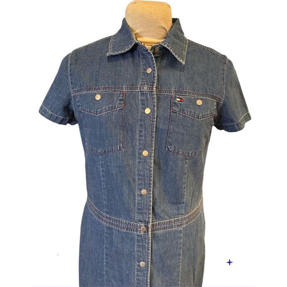 Tommy Hilfiger Women’s Denim Dress Sz. 12 Snap Button Front Short Sleeve - Picture 2 of 11